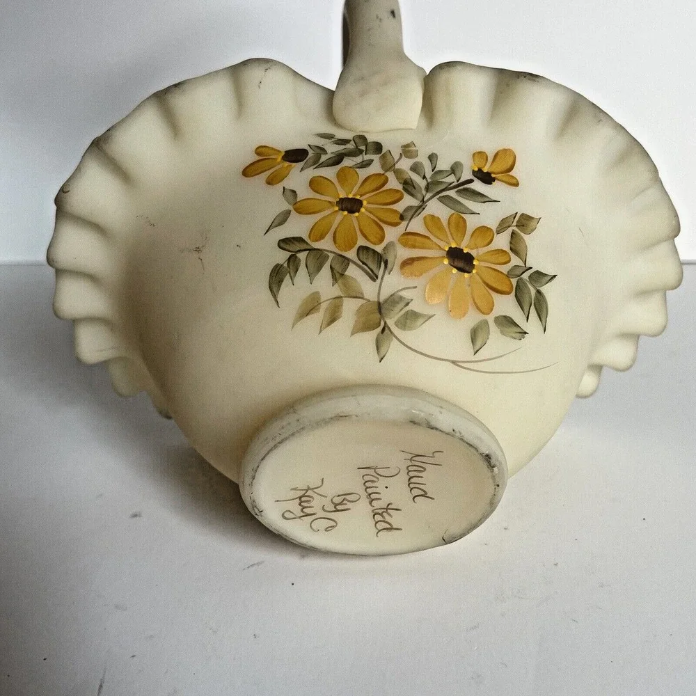 VTG Fenton Cream Satin Custard Glass Basket Hand Painted Sunflowers By Kay‎ C